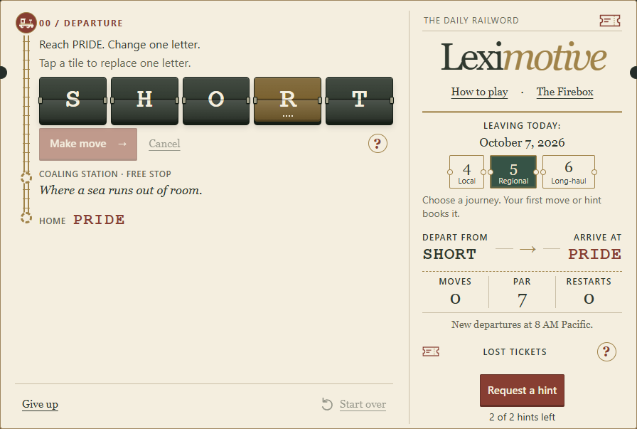 Leximotive's railway-style game board with letter tiles, a destination word and optional hint tickets.